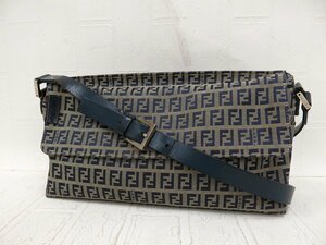 ◆美品◆FENDI フェンディ◆ズッキーノ◆ナイロンキャンバス カーフ レザー 本革◆ショルダー バッグ◆ネイビー シルバー金具◆A6642