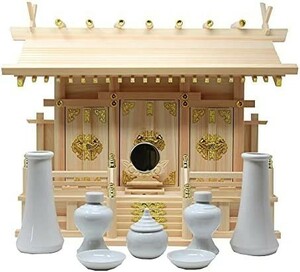 松山神仏具店 神棚 通し屋根三社 小 神具・神鏡セット 雲シール付 新品 日本製 国産 幅54cm 高40cm 奥21.5cm