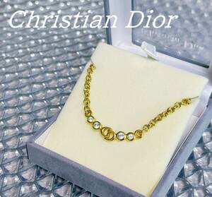F：Christian Dior クリスチャンディオール CDロゴ ラインストーン コプラチェーン ゴールド色 ネックレス アクセサリー 保証書 ケース付