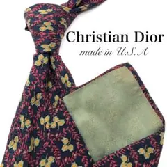 【美品】Christian Dior ネクタイ 格子柄 リーフ柄 ネイビー 紺