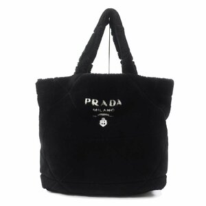 美品◎PRADA プラダ 1BG427 ポーチ付き ロゴ入り シアリング ムートン トートバッグ ブラック ホワイト イタリア製 レディース