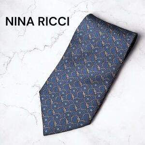 1円～ NINA RICCi ニナリッチ メンズ ネクタイ シルク 絹 グレー系 シャツ 総柄 ブルーグレー ビジネス 通勤 オシャレ プリント レギュラー