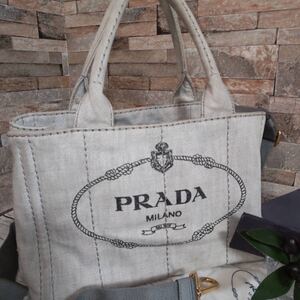 1円 【至高の逸品】PRADA プラダ カナパ 2way ハンドバッグ トートバッグ ショルダーバッグ Sサイズ ホワイトデニム系 キャンバス