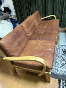 truck furniture トラック家具 FURROWED-LEATHER OAK FRAME SOFA 3-SEATER美品