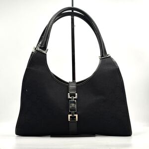 1円/良品●GUCCI グッチ ジャッキー金具 SV金具 GGキャンバス レザー ハンドバッグ ショルダーバッグ 肩掛け可 ブラック 黒 002 1067