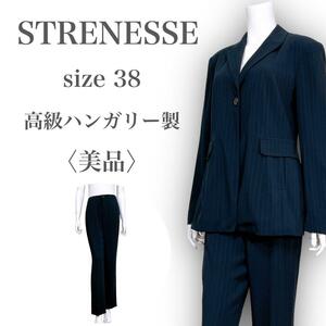 M895★美品★STRENESSE ストラネス 高級ハンガリー製 ヴァージンウール ビスコース パンツスーツセットアップ ストライプ Mサイズ