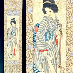 【模写】柴崎美方「愛猫三味線美人」掛軸 絹本 美人画 人物画 明治女流画家 水野年方門 ｓ3307z