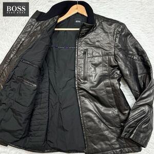 【極美品Lサイズ!!!】HUGO BOSS ヒューゴボス レザージャケット キルティング ナッパレザー 袖 多重ジップ ダークブラウン 襟ニット 