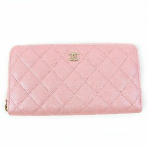 極美品☆CHANEL シャネル AP0242 クラシック ロングジップ ウォレット マトラッセ キャビアスキン 長財布 メタリックピンク レディース