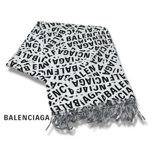 5 ★ 正規品 BALENCIAGA バレンシアガ 698642 シルク ロゴ ストール フリンジ マフラー 首巻き 総柄 グレー×ブラック イタリア製