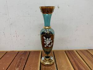 【BOHEMIA/ボヘミアグラス？】MURANO/ムラーノ？【花瓶/フラワーベース】金彩 花器 水色 一輪挿し 花柄 7.5cm×35.5cm 中古品