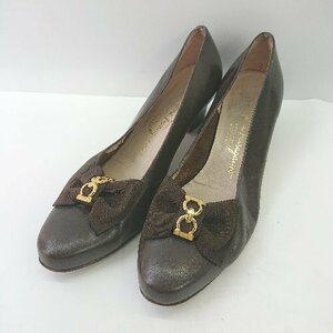 ◇ Salvatore Ferragamo リボン 装飾 ラウンドトゥ パンプス サイズ7 1/2 ブラウン レディース E