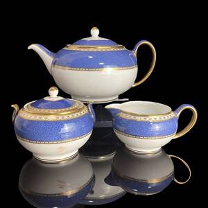 定価33万円 ★希少★ Wedgwood ウェッジウッド ユーランダーパウダー ブルー ティーポット シュガーポット クリーマー 3点セット 黒壺