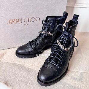 ジミーチュウ JIMMY CHOO 美品 CRUZ FLAT コンバット ブーツ レースアップ クリスタル ビジュー レザー 靴 GRAINY LEATHER W/CRYSTAL 37