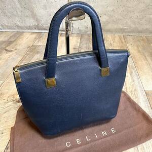 本物☆CELINE セリーヌ アイコン ロゴ ゴールド金具 トートバッグ ハンドバッグ ネイビー 本革 レザーバッグ オールド レディース メンズ