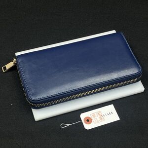 【浅草革具】メンズ 財布 メンズ長財布 ラウンドファスナー 牛革 ヌメ革 1円 ハンドメイド ロングウォレット 新品 未使用 青　ブルー