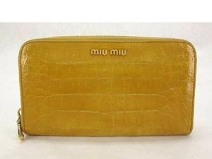 質店鑑定済み $ 良好品 $ ■ ミュウミュウ ■ miumiu ■ クロコ レザー製・ ラウンドファスナー 長財布 ■ マスタードイエロー ■ 送料無料