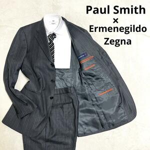 【最高峰の逸品】513 Paul Smith ポールスミス × Ermenegildo Zegna エルメネジルド ゼニア セットアップスーツグレー L ストライプ 3B