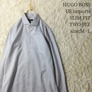 US輸入古着 イタリア製 HUGO BOSS 長袖シャツ ストライプ柄 シャドーストライプ ライトブルー M Lサイズ スリムフィット ヒューゴボス