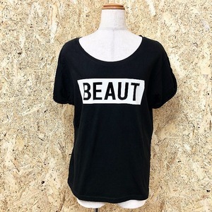 ワンウェイ one way Tシャツ 英字 プリント 『BEAUT』 ロールアップ ラウンドネック カットソー 半袖 綿100% M ブラック 黒 レディース