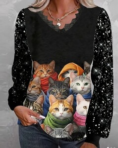 ★Cat Print VネックTシャツ、春と秋のためのカジュアルな長袖トップ、女性の服　猫 ねこ