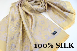 新品【SILK シルク100%】華 ペイズリー柄 大判 ストール/スカーフ ゴールド系 シルバー