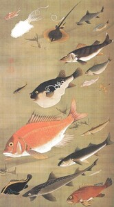 【フルサイズ版】伊藤若冲 群魚図 鯛 じゃくちゅう 生誕300年 壁紙ポスター 特大576×1043mm はがせるシール式 028S1