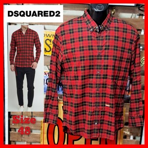 Dsquared2　ディースクエアード　ロゴプレート　チェック　ネルシャツ　ウエスタンシャツ　48 L　レッド