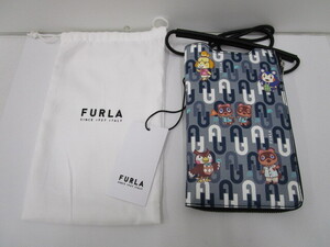 I1216-11Y/ 未使用 FURLA × どうぶつの森 コラボ スマホケース レザー FURLA ANIMAL CROSS S PHONE HOLDER 青系 保存袋付き フルラ