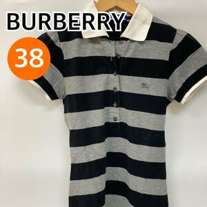 BURBERRY バーバリー トップス ポロシャツ ボーダー 半袖 カットソー ブラック系 グレー系 レディース 38サイズ【CT428】