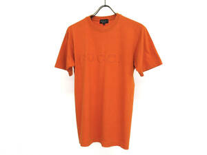 15090 美品 GUCCI グッチ 英字ロゴ 刺繍 丸首 ラウンドネック コットン 半袖 Tシャツ サイズS オレンジ メンズ イタリア製 トップス 夏物