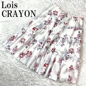 Lois CRAYON ボリュームフレアスカート 総柄 ホワイト ロイスクレヨン 白 コットン ポリエステル M B7710