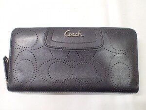 k4670 / COACH コーチ ラウンドファスナー 長財布 ブラック 黒 パンチングレザー シグネチャー ジップアラウンド 現状品