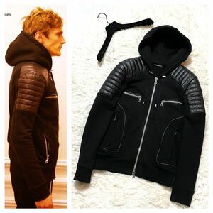 本物 名作 バルマンオム ショルダーレザー切替 ZIP UP パーカー バイカー スウェット ジャケット XS 黒紺 BALMAIN HOMME ガーメント付き