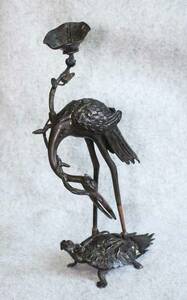 仏具◆蝋燭立て　鶴亀　32cm◆◆古銅　銅製　crane　turtle　 candle　holder　キャンドルホルダー　ツル　カメ　蓑亀　置物　ロウソク立て