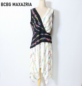 新品タグ付き BCBG MAXAZRIA ビーシービージーマックスアズリア ロングワンピース 花柄 切り替え 白 黒 ホワイト ブラック 12 L相当 YC114