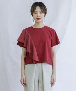 試着後洗濯 KBF ケービーエフ 異素材フリルTシャツ 2019SS サイズワン 赤 定価、4.600+税