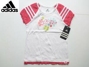 新品 adidas　アディダス ★　ピンク×白　ボーダーライン　半袖　カットソー　Ｔシャツ　5　110