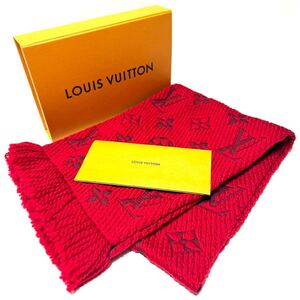 美品●付属品●LOUIS VUITTON モノグラム エシャルプ ロゴマニア マフラー シルク ウール ストール ルビー 赤系 フリンジ ルイヴィトン 