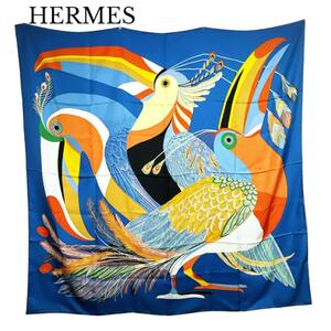 エルメス HERMES スカーフ カレ140 カレジェアン TOUCANS DE PARADIS 楽園のオオハシ 2023SS ブルー シルク