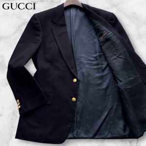 美品/XL相当◆幻の最高峰カシミヤ100%◆GUCCI グッチ 紺ブレザー 金ボタン シングル テーラードジャケット 裏地ロゴ総柄 ネイビー 50