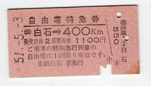 〇　国鉄　東北本線　白石駅　自由席特急券　S51年〇