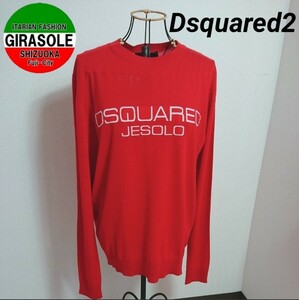 新品 未使用 2020SS 正規品 大人気 Dsquared2 ディースクエアード2 ユニセックス ロゴ 赤 ニット ウール M イタリア製 薄手 セーター 長袖