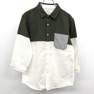 THE SHOP TK ザ・ショップ ティーケー M メンズ シャツ 若干透け感 ザラっとした生地感 7分袖 綿100% ダークグリーンカーキ×オフホワイト