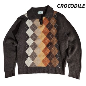 クロコダイル CROCODILE 毛100% アーガイル柄 襟つきニット・セーター 表記サイズL ダークブラウン系 ポロニット 84062