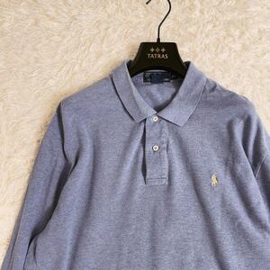 1円～ 希少 ポロラルフローレン コットン100% 綿 POLO Ralph Lauren 長袖 ポロシャツ 鹿の子 ロゴ XL LL 2L アメリカ USA ブルー 青系