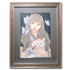 花◆猫と女の子を描く画家【おちょぴ】真筆 紙にアクリル絵具 3号『眠れいない夜』額装