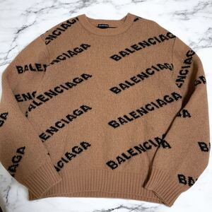 美品 バレンシアガ 【圧巻のデザイン】 BALENCIAGA ニット セーター トップス ロゴ 総柄 メンズ ブラウン サイズS位