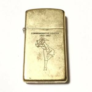 火花確認済 ZIPPO ジッポー SOLID BRASS ウィンディガール COMMEMORATIVE LIGHTER　1932-1982 スリム ～Y.N～ ゴールドカラー ヴィンテージ