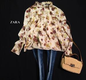 ザラ ZARA 大人素敵スタイル☆アンティーク フラワープリント 花柄 プルオーバー シフォン ブラウス S